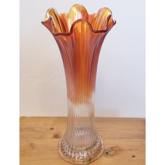 Vintage Ribbed Carnival Glass Swung Vase Iridescent Marigold Ombre 10.25" - Picture 1 of 9